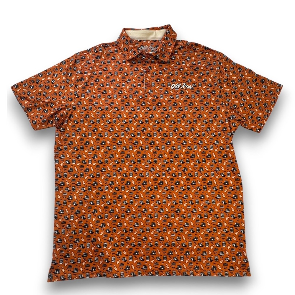 Old Row Men XL Orange Tailgate Print Performance Polo Shirt Short Sleeve Stretch